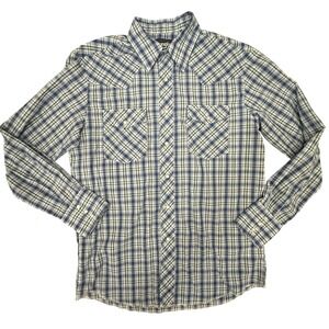 Wrangler Shirt Mens Blue Plaid Long Sleeve‎ Cotton Pearl Snaps Medium